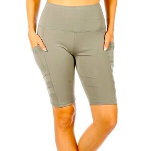SHOSHO Small Olive High Waisted Solid Mesh Biker Tummy Control Burmuda Shorts